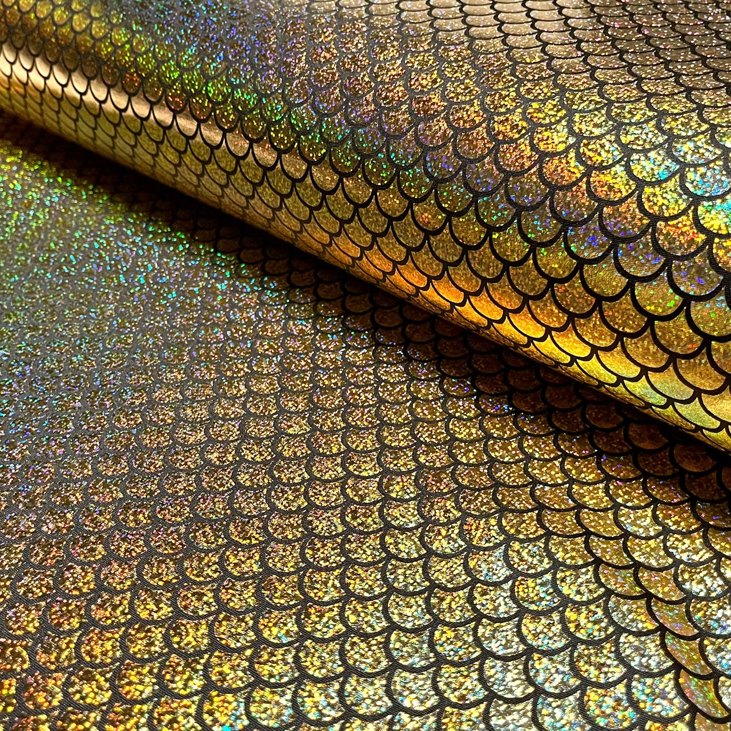 Lamé-Stoff Foliendruck Meerjungfrau Gold